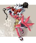  animal_print armlet chain club fang fingernails forehead_protector foreshortening full_body green_eyes hands horns katahira_masashi long_fingernails oni open_mouth original outstretched_hand pointy_ears red_oni red_skin short_hair solo tiger_print weapon white_hair 