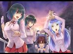  3girls :o ahoge anger_vein animal animal_on_head bag blue_eyes blue_hair braid brown_eyes brown_hair cat cat_on_head cellphone condensation_trail green_eyes green_hair letterboxed multiple_girls on_head open_mouth original phone pointing side_braid skirt sts telescope twilight 