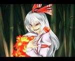  bamboo bamboo_forest bow crazy crazy_eyes fire forest fujiwara_no_mokou grey_hair grin hair_bow hair_ribbon hand_on_own_chest letterboxed long_sleeves nature open_mouth red_eyes ribbon sagara1990 smile solo touhou uneven_eyes 