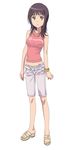  belt bracelet brown_eyes casual face highres itsuwa jewelry long_legs midriff navel necklace purple_hair sandals short_hair smile_(rz) solo to_aru_majutsu_no_index 