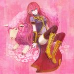  bad_id bad_pixiv_id black_legwear black_skirt blue_eyes boots faux_traditional_media light_smile long_hair long_skirt megurine_luka navel nayuko pink pink_hair sheep sitting skirt solo thighhighs very_long_hair vocaloid 