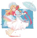  bad_id bad_pixiv_id barefoot bow braid dress feet flower food frills fruit grapes hair_bow hat long_hair open_mouth orange_hair original parasol petals pink_eyes puffy_sleeves rainbow red_flower red_rose rose rose_petals single_braid solo sooya umbrella 