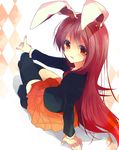  animal_ears argyle argyle_background arm_support bad_id bad_pixiv_id black_legwear blazer bunny_ears jacket leaning_back long_hair mzyk necktie open_mouth pointing purple_hair red_eyes red_hair reisen_udongein_inaba sitting skirt smile solo thighhighs touhou 