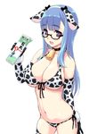  amano_yuu animal_ears animal_print arm_behind_back bell bell_collar bikini blue_hair blush breasts cleavage collar cow_bell cow_ears cow_print elbow_gloves front-tie_top glasses gloves large_breasts long_hair milk open_mouth original purple_eyes side-tie_bikini sideboob smile solo swimsuit thighhighs underboob 