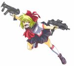  bad_id bad_pixiv_id blonde_hair dual_wielding fang gun h&amp;k_mp5k h&amp;k_mp7 hair_ribbon heckler_&amp;_koch holding junkei red_eyes ribbon rumia short_hair smile solo submachine_gun touhou vertical_foregrip weapon 