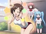  3girls angel_wings bloomers blush buruma fang genderswap gym_uniform ikaros leaning_forward multiple_girls nymph_(sora_no_otoshimono) official_art sakurai_tomoki sakurai_tomoko school_uniform serafuku short_shorts shorts sora_no_otoshimono star stars tank_top tanktop underwear wings wink 