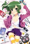  absurdres book bra brand_name_imitation candy flat_chest food green_eyes green_hair hand_drill highres hiiragi_noa lingerie lying mm! non-web_source nyantype official_art on_back ono_kazumi open_clothes open_shirt pocky purple_skirt scan school_uniform shirt skirt solo striped striped_legwear thighhighs tongue tools underwear wrench 