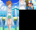  araragi_(pokemon) blush brunette cleavage earrings gloves hat lab_coat pokemon saliva satoshi_(pokemon) side_boob skirt 
