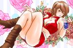  alcohol bad_id bad_pixiv_id boots breasts brown_hair cleavage flower indoshiki medium_breasts meiko multicolored multicolored_rose panties red rose sake short_hair skirt solo underwear vocaloid 