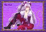  &gt;:) adapted_costume animal_ears bad_id bad_pixiv_id bangs banned_artist bell boots bow breasts buckle choker cleavage collar collarbone fujiwara_no_mokou hair_bow jingle_bell large_breasts leg_up long_hair looking_at_viewer mouse_ears mouse_tail nail_polish pants ponytail purple purple_nails red_eyes shirt silver_hair sitting smile smirk solo straight_hair striped tail touhou v-shaped_eyebrows very_long_hair yuuka_nonoko 