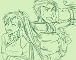  1boy 1girl armor fire_emblem fire_emblem:_rekka_no_ken fire_emblem_blazing_sword heart hector hector_(fire_emblem) horse laugh laughing line_art lineart long_hair lowres lyn lyndis_(fire_emblem) nintendo ponytail 