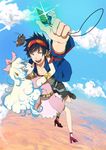  1boy 1girl bad_id bad_pixiv_id black_eyes blue_hair boota cloud couple day drill falling flower foreshortening goggles goggles_on_head hair_flower hair_ornament hetero jewelry multicolored_hair nia_teppelin pink_skirt simon skirt sky sumishuu tengen_toppa_gurren_lagann two-tone_hair younger 