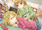  bad_id bad_pixiv_id blonde_hair blue_eyes brown_hair closed_eyes covering_with_blanket handheld_game_console long_hair lying multiple_girls nintendo_ds on_stomach onaka_sukisuki original product_placement skirt sleeping 