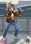  akizuki_ryou antenna_hair bandages belt clenched_hands cosplay crossover denim fighting_stance hazuki_ryou hazuki_ryou_(cosplay) hirosato idolmaster idolmaster_dearly_stars jacket jeans leather leather_jacket male_focus namesake pants parody shenmue solo user_interface 