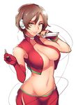  breasts brown_hair center_opening cleavage elbow_gloves fingerless_gloves gloves headphones large_breasts lips meiko meme50 microphone midriff mole mole_on_breast navel solo vocaloid yellow_eyes 