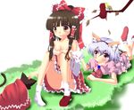  animal_ears araimon bat_wings blue_hair blush bow brown_eyes brown_hair cat cat_ears detached_sleeves fake_animal_ears hair_bow hairband hakurei_reimu highres kemonomimi_mode multiple_girls no_shirt panties petting red_eyes remilia_scarlet sarashi shoes short_hair single_shoe touhou underwear wings 