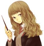  alternate_eye_color bangs blue_eyes brown_hair coat collared_shirt harry_potter hermione_granger hogwarts_school_uniform long_hair long_sleeves looking_at_viewer necktie shirt simple_background smile solo sorakura_shikiji striped striped_neckwear sweater v-neck wand white_background 