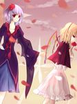  bad_id bad_pixiv_id capelet colored_eyelashes dutch_angle eyelashes flandre_scarlet flower hair_flower hair_ornament highres long_sleeves mikan_(akigen) multiple_girls no_hat no_headwear petals remilia_scarlet rose siblings sisters sky touhou twilight wide_sleeves wings 