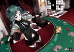  album_cover aqua_hair card casino casino_card_table chain cover facepaint formal garter_belt garters gloves green_eyes gumi horns lying_card mille_(dieci) necktie playing_card poker poker_chip poker_face_(vocaloid) shorts solo suit thighhighs vocaloid 
