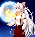  albino bird fire fujiwara_no_mokou full_moon hair_ribbon hand_in_pocket long_hair long_sleeves lowres moon night nuka_(nvkka) orange_eyes phoenix ribbon silver_hair solo suspenders touhou 