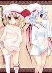  :o bare_legs blonde_hair blush dress dress_shirt fang flandre_scarlet garters hat lavender_hair legs loose_thighhigh multiple_girls naked_shirt navel no_panties one_eye_closed open_clothes open_shirt red_eyes remilia_scarlet shirt short_hair siblings sisters sleeves_past_wrists sweater sweater_dress thighhighs touhou white_legwear yukian 