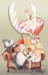  book couch flandre_scarlet flying hat hat_removed headwear_removed kirisame_marisa kiss multiple_girls sen1986 touhou wings witch_hat yuri 