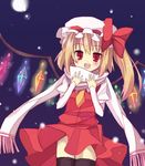  blonde_hair fangs flandre_scarlet glowing long_sleeves open_mouth red_eyes scarf short_hair side_ponytail smile solo thighhighs touhou wakabaneko wings zettai_ryouiki 