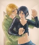  2boys black_hair blonde_hair blue_eyes blush brothers casual fang genderswap groping incest kousaka_kirino kousaka_kyousuke multiple_boys navel open_mouth ore_no_imouto_ga_konna_ni_kawaii_wake_ga_nai pixiv_thumbnail resized shirt_lift short_hair siblings simple_background sweat toryi yaoi 