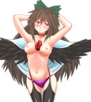  armpits arms_up blush bow breasts brown_hair cape collar eyes garter_straps green_bow hair_bow highres lingerie long_hair medium_breasts monopollyan navel nipples panties red_eyes reiuji_utsuho solo thighhighs third_eye topless touhou underwear underwear_only wings 