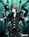  1boy black_hair bolo_tie copyright_name death_the_kid dual_wielding fighting_stance formal gun handgun jewelry male male_focus multicolored_hair pistol ring skull solo soul_eater standing suit suspenders text two-tone_hair weapon yellow_eyes 