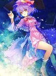  alternate_hair_length alternate_hairstyle barefoot book bow bowtie capelet crescent hair_bow hat legs lying on_back partially_submerged patchouli_knowledge purple_eyes purple_hair robe shiramori_yuse short_hair solo striped touhou water 