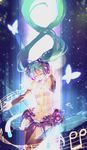  bridal_gauntlets bug butterfly closed_eyes floating_hair green_hair hatsune_miku hatsune_miku_(append) highres insect long_hair morinokuma musical_note navel solo thigh_gap thighhighs twintails very_long_hair vocaloid vocaloid_append 
