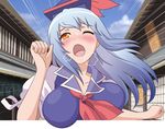  blue_hair blush bouncing_breasts breasts girly_running hat heavy_breathing kamishirasawa_keine large_breasts long_hair one_eye_closed orange_eyes outside_border running solo speed_lines taishi_(moriverine) touhou 