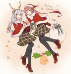  2girls alternate_costume asagumo_(kantai_collection) beige_background bell black_legwear braid brown_hair cape capelet full_body fur-trimmed_cape fur_trim grey_eyes hair_ribbon hat kantai_collection loafers long_hair merry_christmas multiple_girls pantyhose red_cape ribbon sack santa_hat shakemi_(sake_mgmgmg) shoes sidelocks silver_eyes silver_hair single_braid twintails wavy_hair yamagumo_(kantai_collection) 