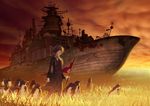  androgynous animal bag bird city cloud evening field fireflies flag flock grass hekoheko highres original penguin purple_hair ribbon scarf scenery ship short_hair sky solo standing sunset suspenders watercraft 