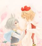  animal_ears blonde_hair couple eye_contact finger_to_another's_mouth flower grey_hair hair_ornament hand_on_another's_face jewelry kotaro-nosuke looking_at_another lotus mouse_ears multiple_girls nazrin pendant profile red_eyes short_hair toramaru_shou touhou yellow_eyes yuri 