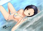  bikini black_hair brown_eyes gsq highres kobayakawa_rinko looking_at_viewer looking_up love_plus lying partially_submerged short_hair side-tie_bikini solo striped striped_bikini submerged swimsuit 