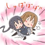  black_hair blush_stickers brown_hair carrying chibi errant hirasawa_yui k-on! long_hair multiple_girls nakano_azusa pantyhose princess_carry school_uniform short_hair twintails 