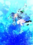  backpack bag blue_dress blue_eyes blue_hair dress floating_hair from_side full_body kawashiro_nitori long_hair long_sleeves looking_down profile short_hair solo touhou two_side_up umebayashi_saki 