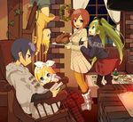  3girls arm_hug bad_id bad_pixiv_id bell black_legwear blonde_hair blue_eyes blue_hair book boots brown_eyes brown_hair chair christmas food green_eyes green_hair hatsune_miku indoors kagamine_len kagamine_rin kaito long_hair meiko multiple_boys multiple_girls pantyhose polka_dot reading sama short_hair sitting skirt smile sweater twintails upside-down vocaloid wreath yellow_legwear 