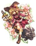  :d blonde_hair boots broom character_request flower hat lily_(flower) long_hair mabinogi mariko_(leda) open_mouth orange_eyes smile solo witch witch_hat 