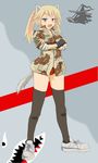  animal_ears bad_id bad_pixiv_id black_legwear blonde_hair blue_eyes camouflage choco-chip_(camouflage) commentary crossed_arms dakku_(ogitsune) emblem fingerless_gloves freckles full_body gloves irritated military_jacket nose_art open_mouth original panties red_panties shark_nose_art short_twintails sleeves_rolled_up solo standing strike_witches_1991 tail thighhighs twintails underwear uniform world_witches_series 