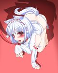  all_fours animal_ears barefoot blush collar detached_sleeves dog_ears fangs haruichi inubashiri_momiji leash panties paw_pose red_eyes shadow short_hair side-tie_panties silver_hair sleeves_past_wrists solo striped striped_panties tail tears touhou underwear wolf_ears wolf_tail 