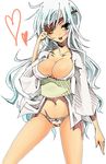  bad_id bad_pixiv_id breasts cleavage eyepatch heart hyakka_ryouran_samurai_girls large_breasts long_hair lowres no_bra no_pants open_clothes open_mouth open_shirt panties shirt silver_hair solo underwear yagyuu_gisen 