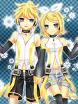  1girl aqua_eyes blonde_hair brother_and_sister detached_sleeves hair_ornament hair_ribbon highres kagamine_len kagamine_len_(append) kagamine_rin kagamine_rin_(append) navel ribbon short_hair shorts siblings smile twins vocaloid vocaloid_append yayoi_(egoistic_realism) 