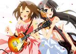  akiyama_mio bare_shoulders bass_guitar black_eyes black_hair breasts brown_hair cleavage closed_eyes confetti dress electric_guitar guitar hair_ornament hairclip highres hirasawa_yui instrument k-on! long_hair medium_breasts multiple_girls open_mouth oyu_no_kaori round_teeth teeth veil 