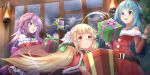  ahoge anemone_(flower_knight_girl) azur_lane bangs bare_shoulders black_ribbon blonde_hair blue_eyes blue_hair blush box capelet christmas christmas_ornaments christmas_tree closers commentary_request crossover dress eighth_note eldridge_(azur_lane) eyebrows_visible_through_hair flower_knight_girl fur-trimmed_capelet fur-trimmed_dress fur-trimmed_sleeves fur_trim gift gift_box hair_between_eyes hair_ribbon hands_up highres holding holding_gift indoors lantern long_hair long_sleeves multiple_crossover musical_note open_mouth parted_lips pnt_(ddnu4555) purple_eyes quarter_note red_capelet red_dress red_eyes ribbon signature strapless strapless_dress twintails very_long_hair violet_(closers) 
