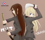  back-to-back blonde_hair blue_eyes brown_hair fighting_stance foreshortening formal gogono_pan'ya k-on! kotobuki_tsumugi long_hair multiple_girls pant_suit profile sheath suit sword unsheathing weapon yamanaka_sawako 