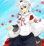  animal_ears blue_sky day detached_sleeves hat inubashiri_momiji kotaro-nosuke leaf light_smile maple_leaf red_eyes sky solo tokin_hat touhou white_hair wolf_ears 