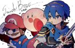  angry blue_eyes blue_hair brown_hair cape facial_hair falchion_(fire_emblem) fire_emblem fire_emblem:_monshou_no_nazo gloves hat highres jewelry kirby kirby_(series) mario mario_(series) marth miyabidotto mustache nintendo open_mouth short_hair super_smash_bros. super_smash_bros._ultimate sword tiara weapon 